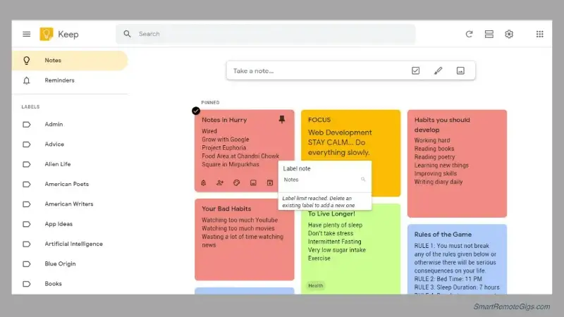 A screenshot of the Google Keep interface showcasing its colorful, visual card-based note system.