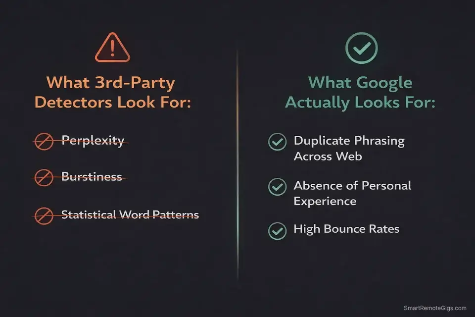 Comparison infographic breaking down the statistical signals AI detectors use versus the engagement and E-E-A-T signals Google actually measures.