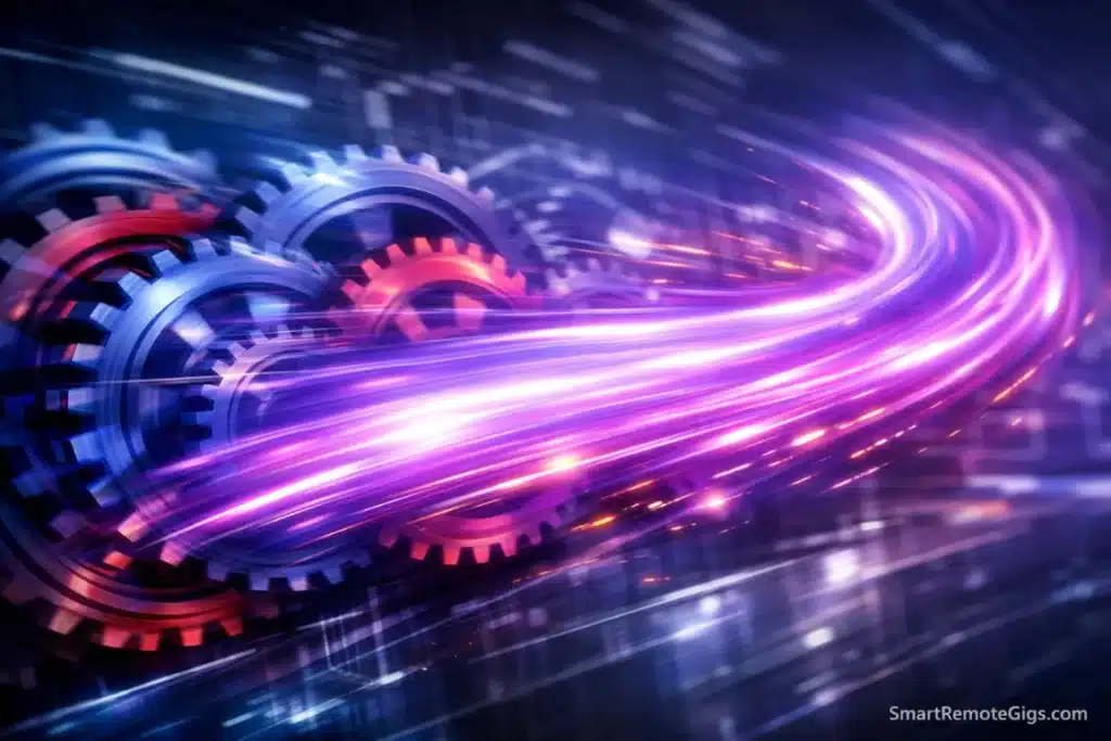 Spinning gears merging into a blur of purple light, representing the flow state achieved by combining GTD and Pomodoro.