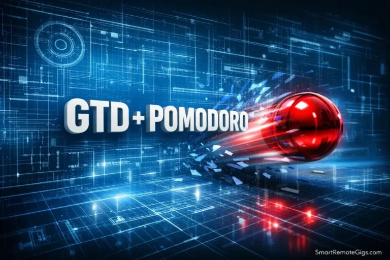 A red sphere launching from a blue grid, symbolizing the integration of the Pomodoro technique with the GTD system.