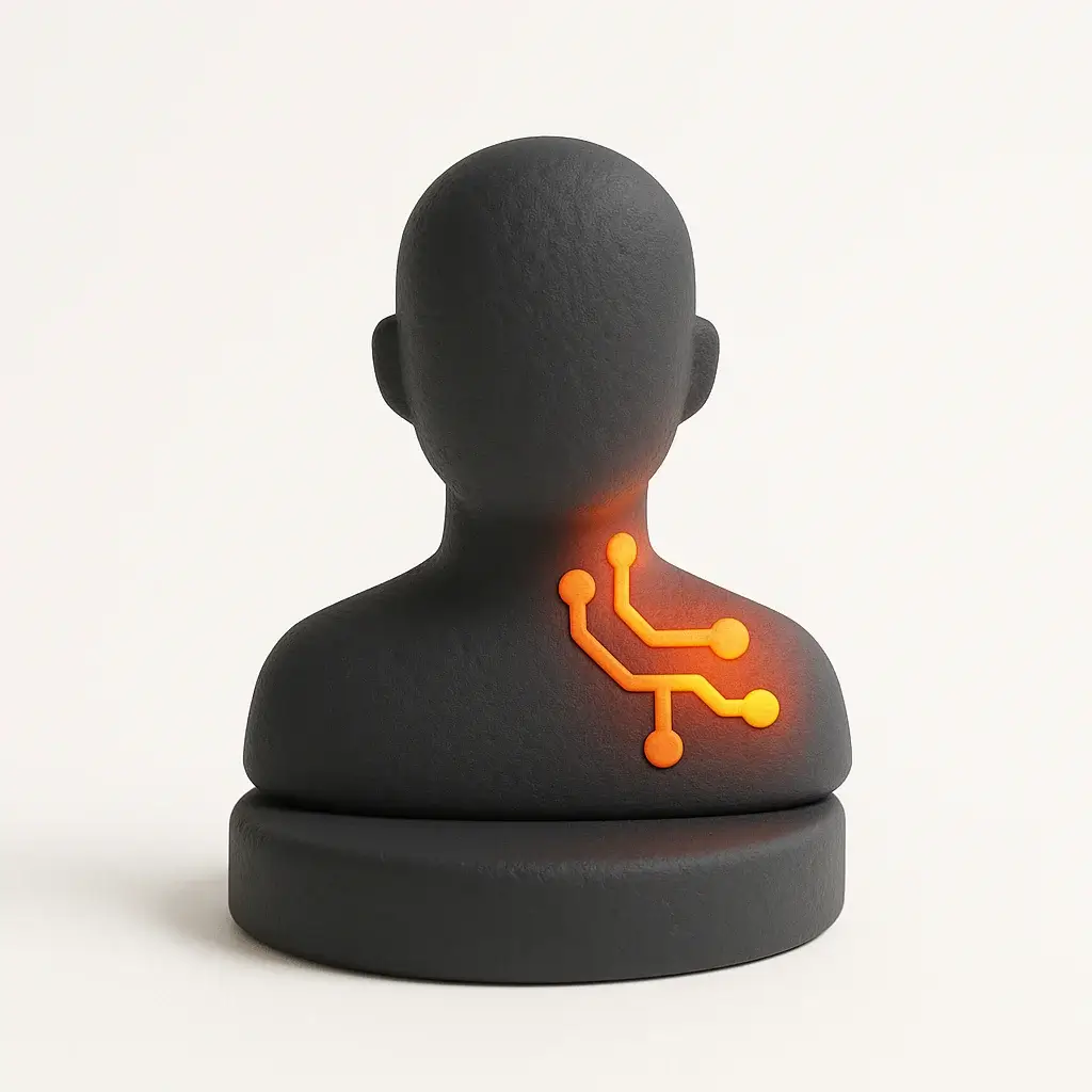 A 3D icon for HeyGen, showing a minimalist bust of a person with a subtle circuit pattern on the side, symbolizing its AI-powered talking avatars.