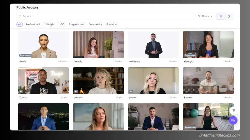 A screenshot of the HeyGen platform's avatar library, showcasing a diverse selection of over 100 realistic, professional AI avatars for video creation.