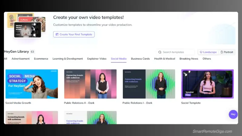 A screenshot of the HeyGen template library, displaying various professionally designed video templates for different use cases like marketing and educational content.