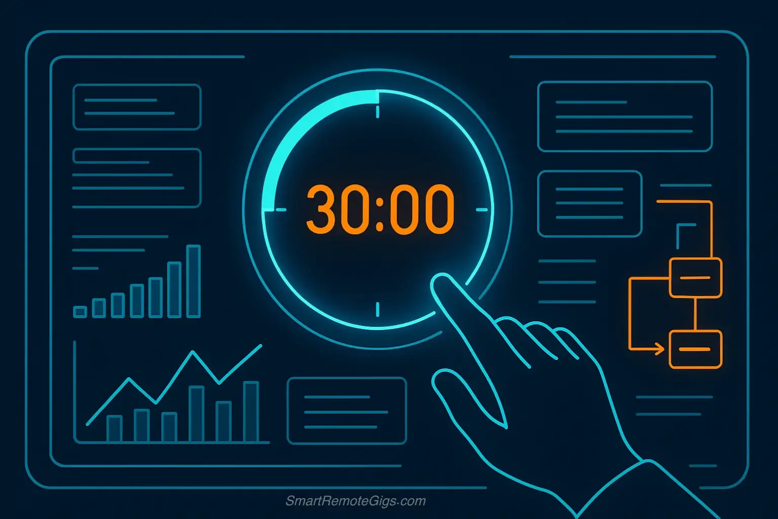 A futuristic dashboard showing an AI-powered 30-minute blog post writing workflow, initiated by a human hand.