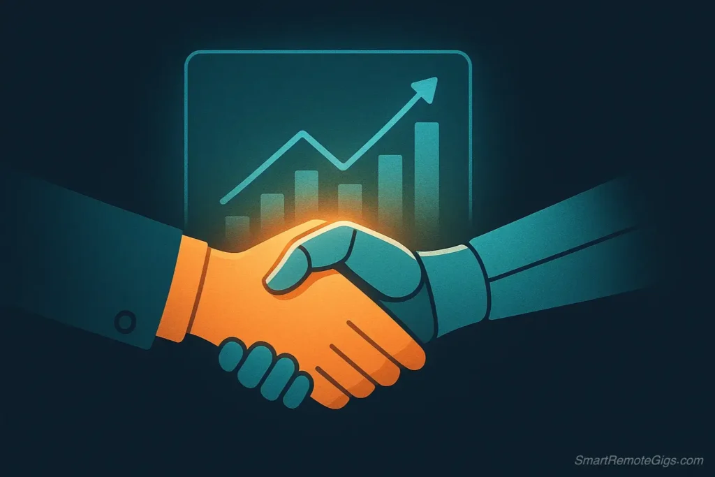 An illustration of a human hand and a robotic hand shaking, symbolizing the future of successful human-AI collaboration for creating SEO content.