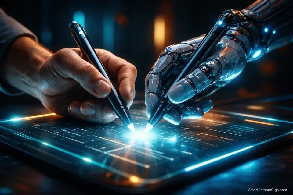 Cinematic 3D visualization of a human and AI robotic hand collaborating on a digital writing tablet.