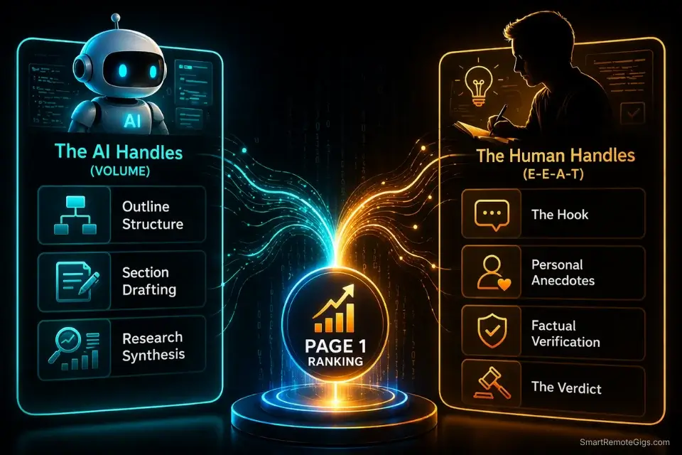 Infographic illustrating the division of labor between AI and human editing in the SRG SEO content workflow.