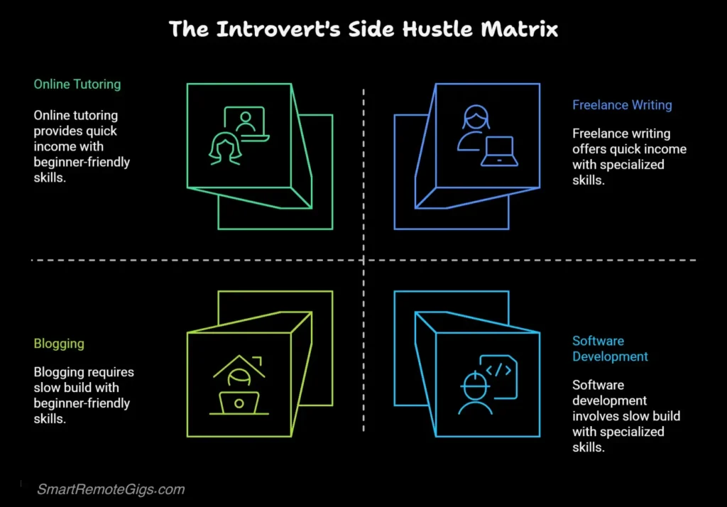 An infographic matrix helping introverts choose a side hustle. The Y-axis is "Time to Income" (Quick vs. Slow) and the X-axis is "Skill Level" (Beginner vs. Specialized).