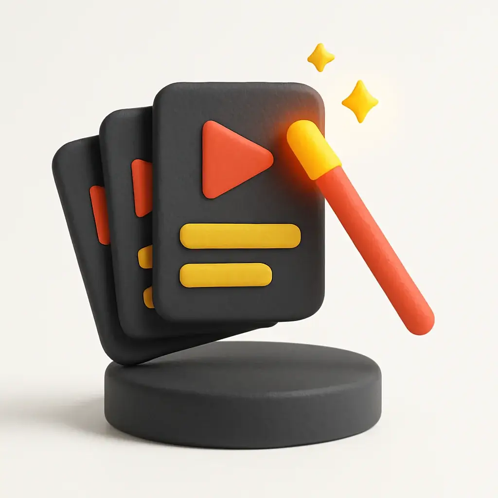 A 3D icon for InVideo AI, showing a fanned-out stack of video templates being touched by a magic wand, representing its massive template library and script-to-video AI.