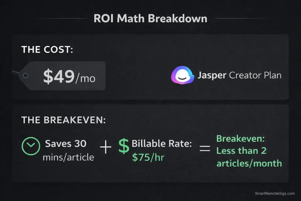Infographic calculating the freelance ROI and breakeven point for a $49 per month Jasper AI subscription.