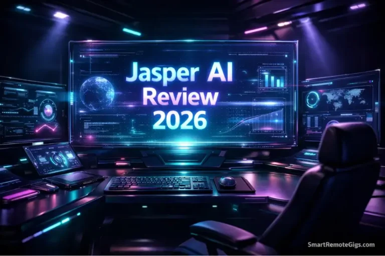 Cinematic 3D command center displaying the Jasper AI Review 2026 on a glowing digital interface.