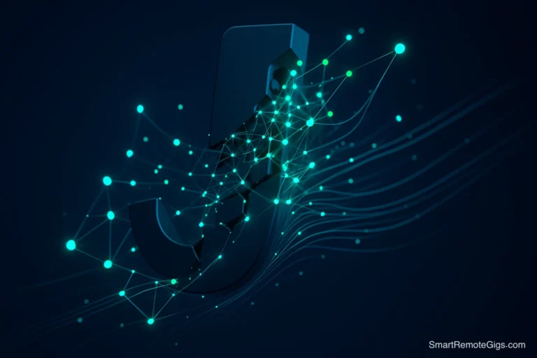 A sleek, abstract 3D visualization of the Jasper AI logo transforming into interconnected data nodes, representing its powerful features.