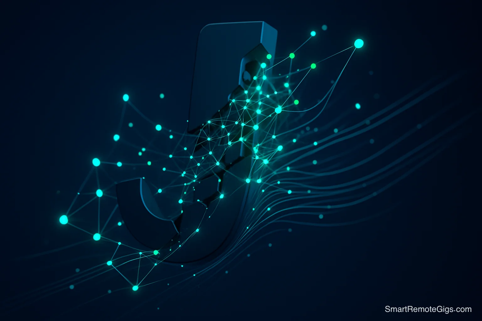 A sleek, abstract 3D visualization of the Jasper AI logo transforming into interconnected data nodes, representing its powerful features.