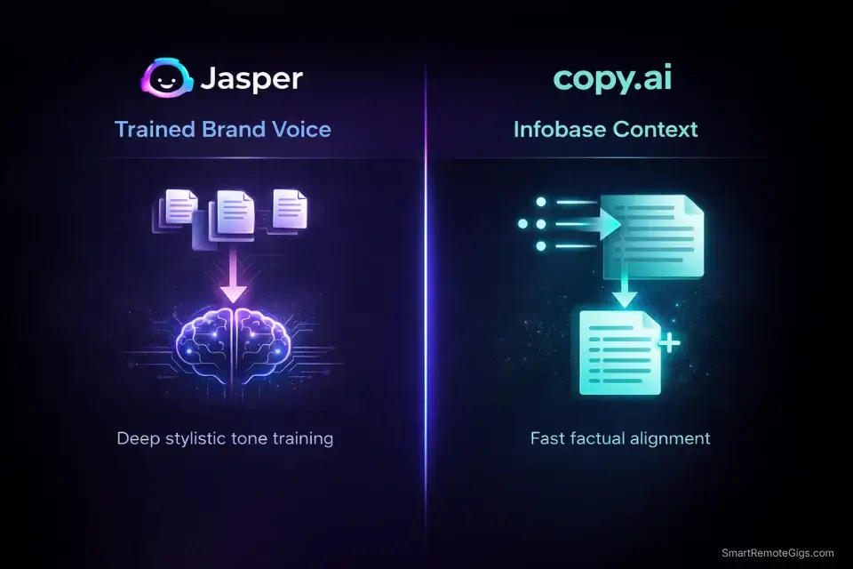 Infographic comparing Jasper's deep Brand Voice training against Copy.ai's Infobase context system.