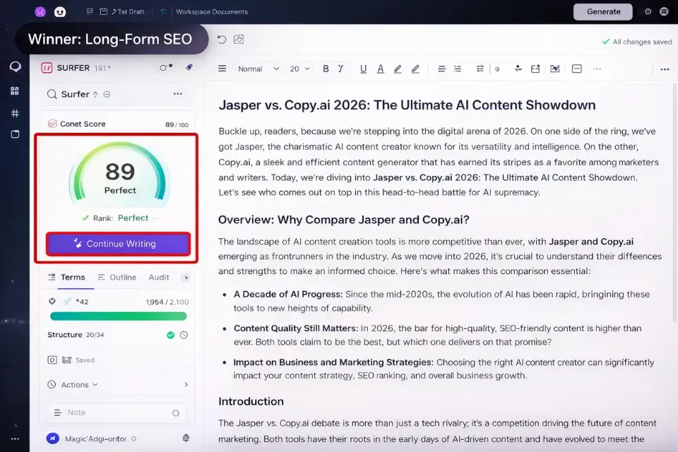 Screenshot of Jasper's Document Editor highlighting the native Surfer SEO integration for long-form content.