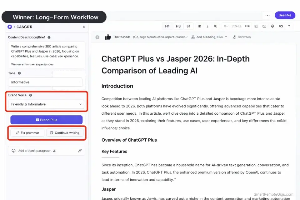 Screenshot of Jasper's Document Editor highlighting the built-in AI commands and brand voice selectors.