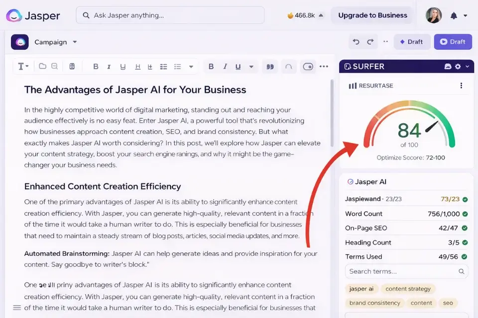 Screenshot of the Jasper AI document editor showing real-time keyword optimization with the native Surfer SEO integration.