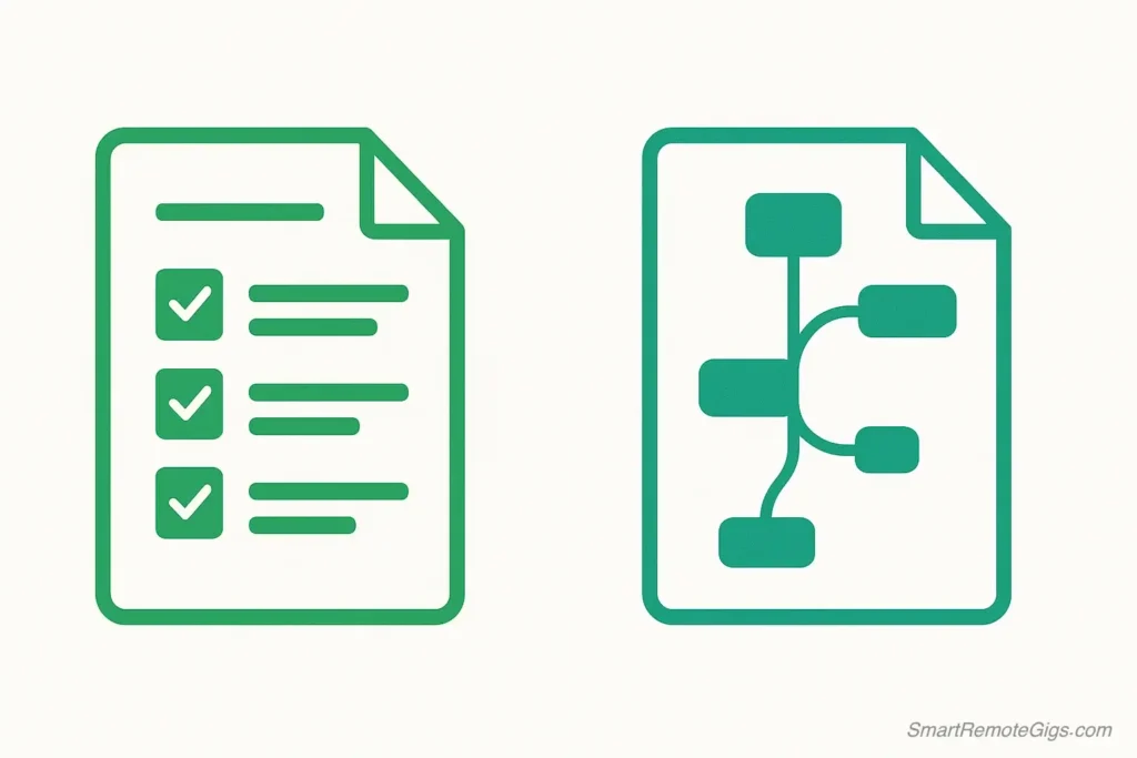 An illustration of two different documents: one a structured, templated brief (Jasper) and the other a more free-form strategic mind map (ChatGPT).
