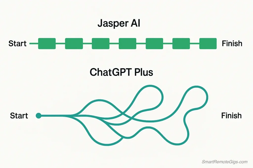 An infographic comparing the marketing workflows of Jasper AI and ChatGPT Plus, showing Jasper's structured path versus ChatGPT's flexible path.