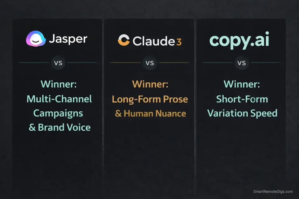 Comparison infographic breaking down the specific use cases for Jasper AI, Claude 3, and Copy.ai.