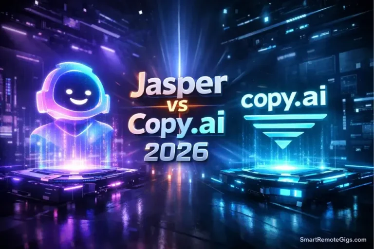 Cinematic 3D visualization of a digital showdown displaying the Jasper vs Copy.ai 2026 comparison.