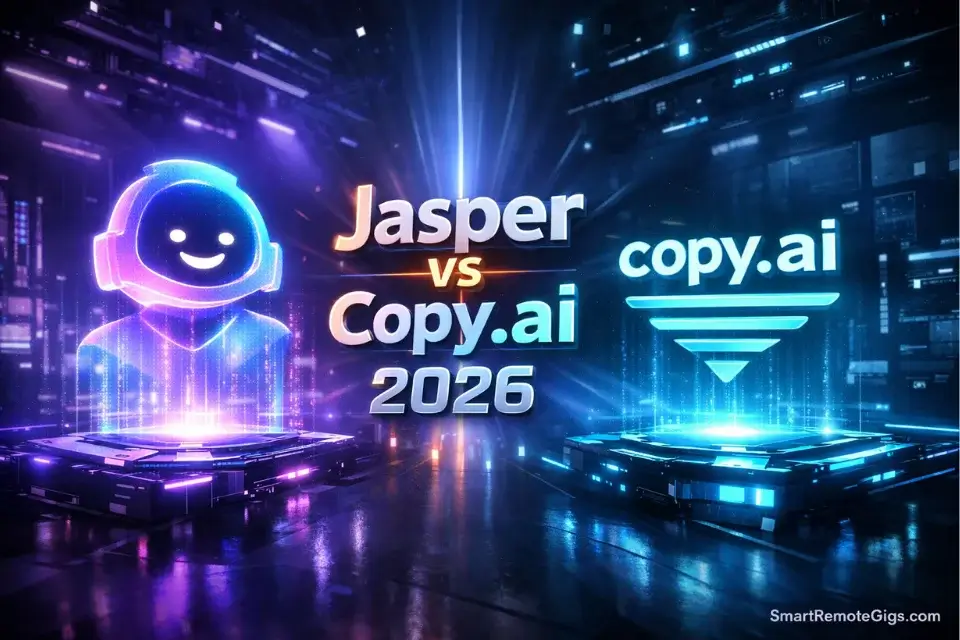 Cinematic 3D visualization of a digital showdown displaying the Jasper vs Copy.ai 2026 comparison.