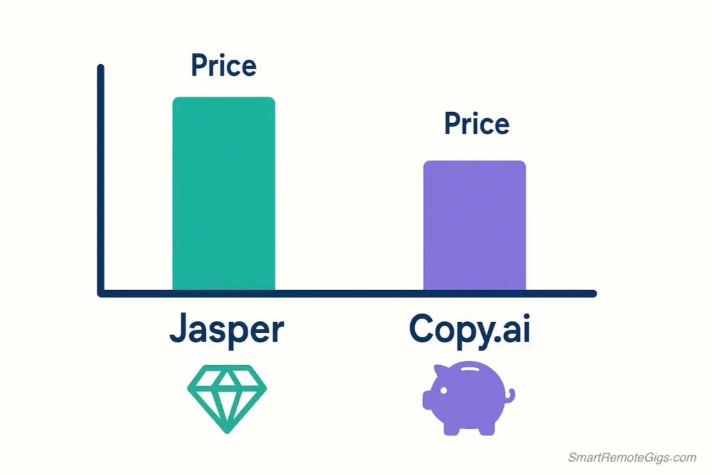 An infographic comparing the pricing and value of Jasper AI and Copy.ai, showing Copy.ai as the more cost-effective option.
