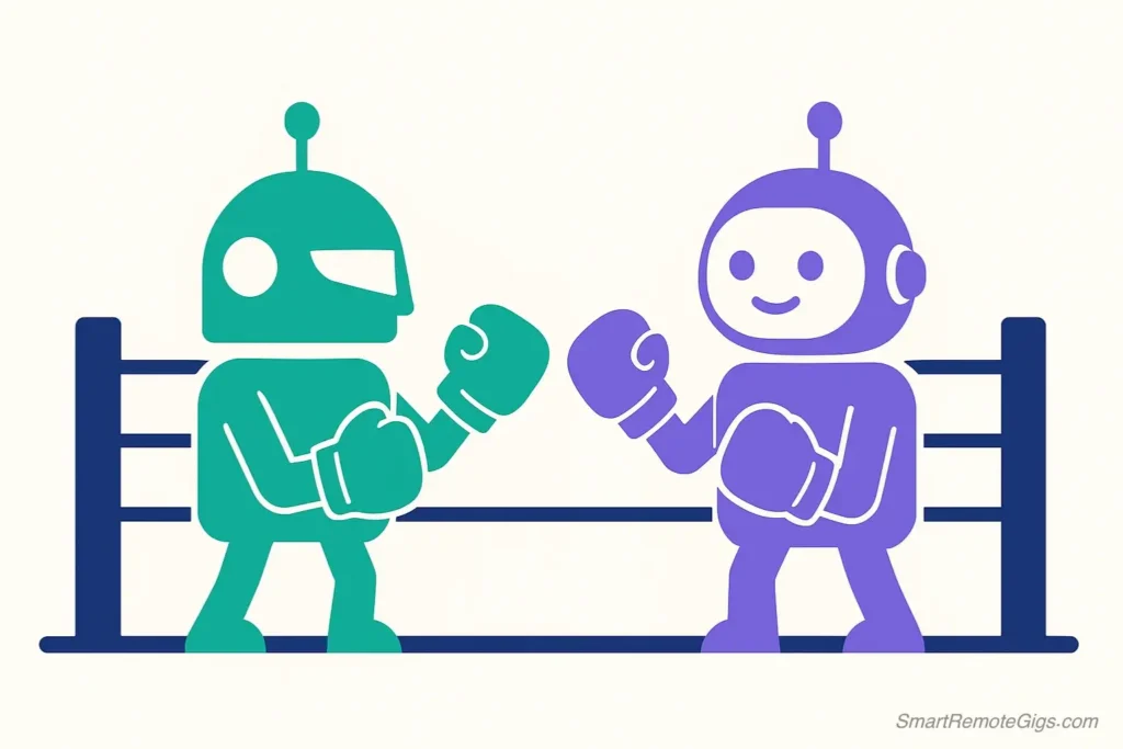 An illustration of two AI robots boxing in a ring, symbolizing the direct task challenge between Jasper and Copy.ai.