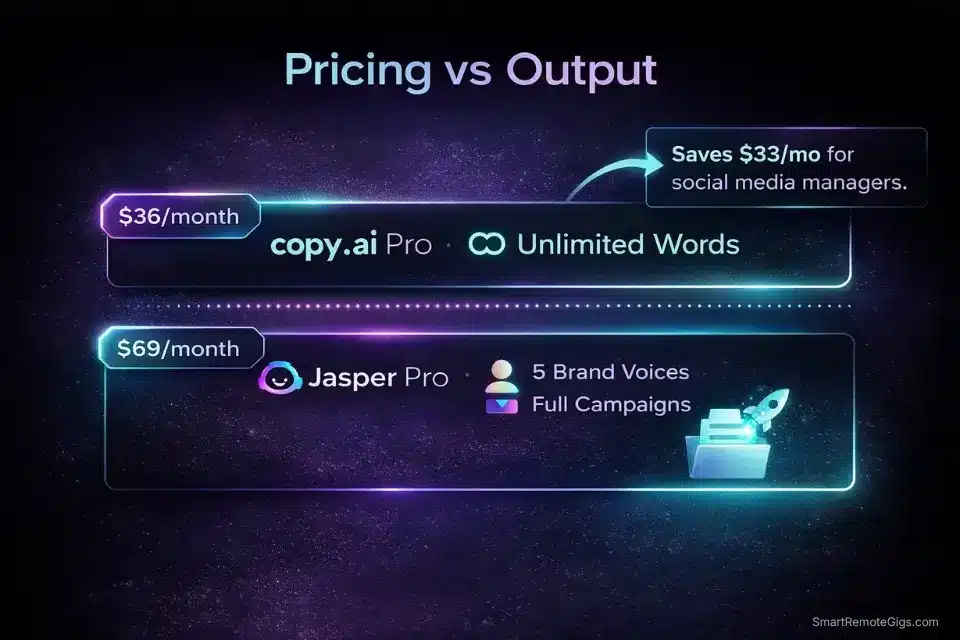 Pricing comparison infographic showing the monthly cost difference and feature tradeoffs between Copy.ai Pro and Jasper Pro.