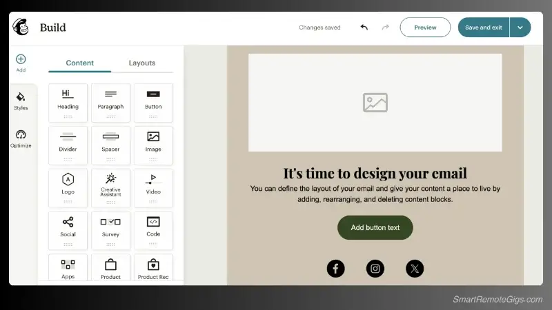 A screenshot of the Mailchimp email editor showing a newsletter template being drafted.