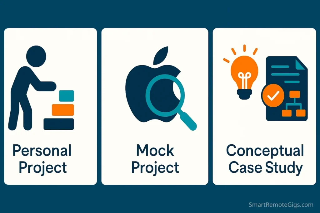 Infographic showing the 3 proven methods to build a freelance portfolio with no clients: creating a personal project, a mock project, or a conceptual case study.