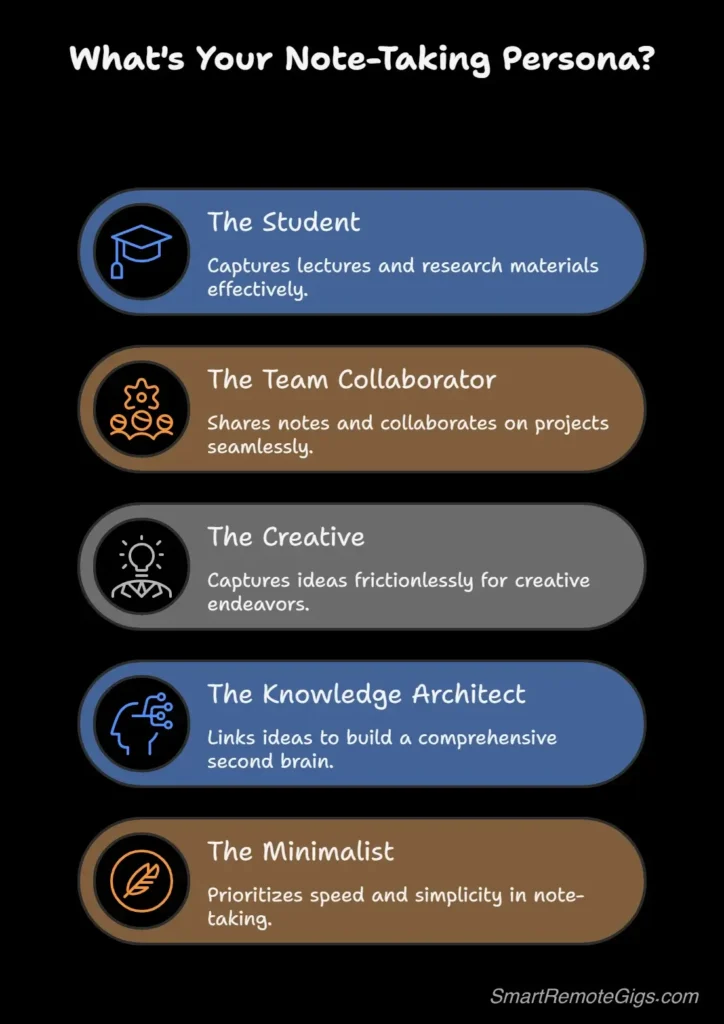An infographic detailing the 5 note-taking personas: Student, Team Collaborator, Creative, Knowledge Architect, and Minimalist, with icons and key features for each.