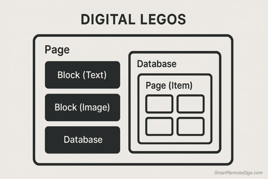 A diagram explaining Notion's philosophy of Blocks, Pages, and Databases as digital building blocks.
