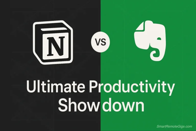A graphic comparing Notion vs Evernote with logos for each app and the text 'Ultimate 2025 Productivity Showdown'.