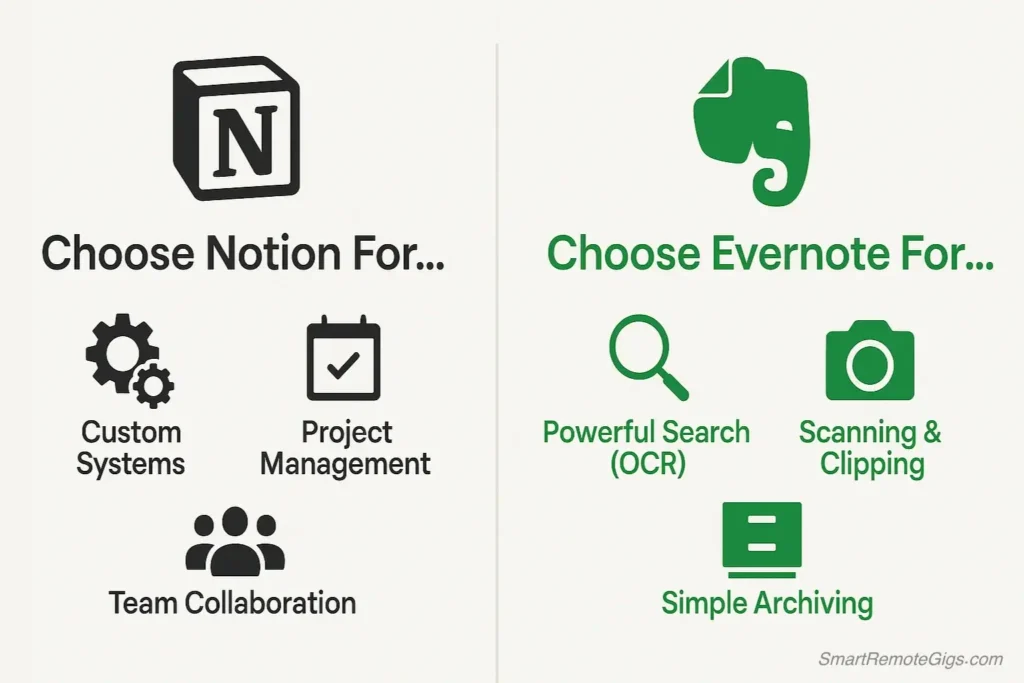 An infographic summarizing the final verdict for Notion vs Evernote, showing the best use cases for each app.
