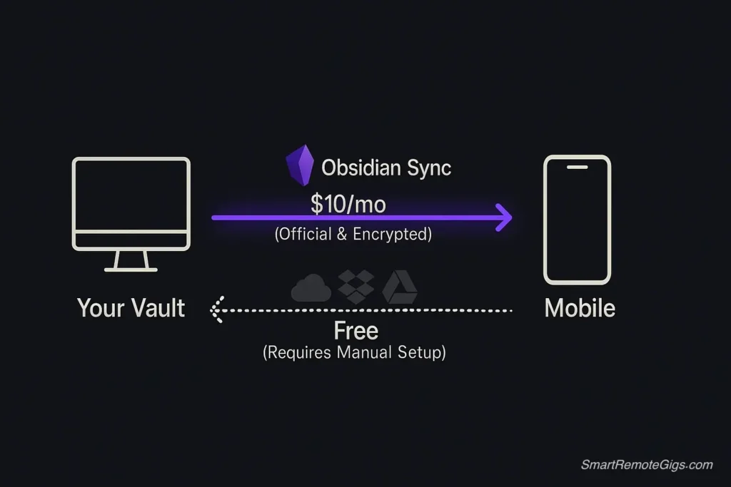 A diagram explaining the sync options for Obsidian, showing the official paid Obsidian Sync versus free alternatives like iCloud or Dropbox.