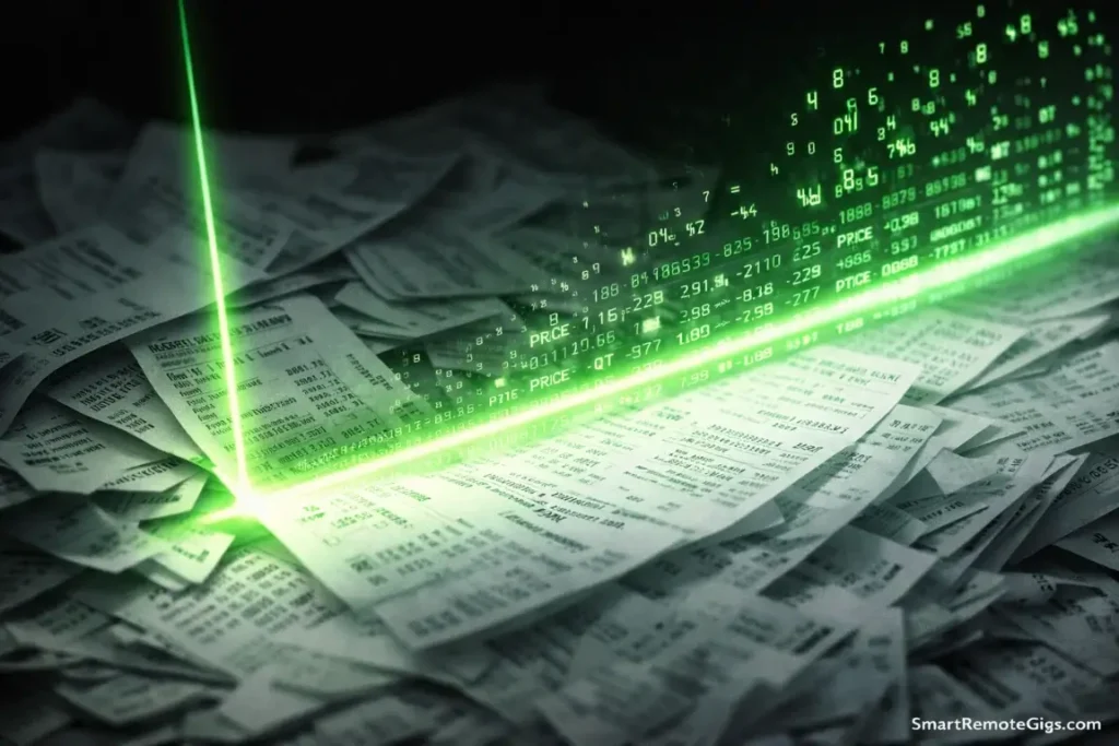 A green laser scanning physical documents and converting them to searchable text.