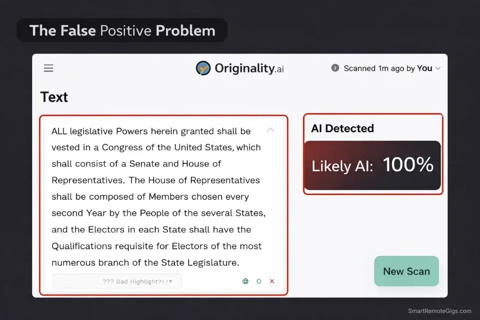 Screenshot of an AI detector like Originality.ai falsely flagging a 100% human-written text as AI-generated.