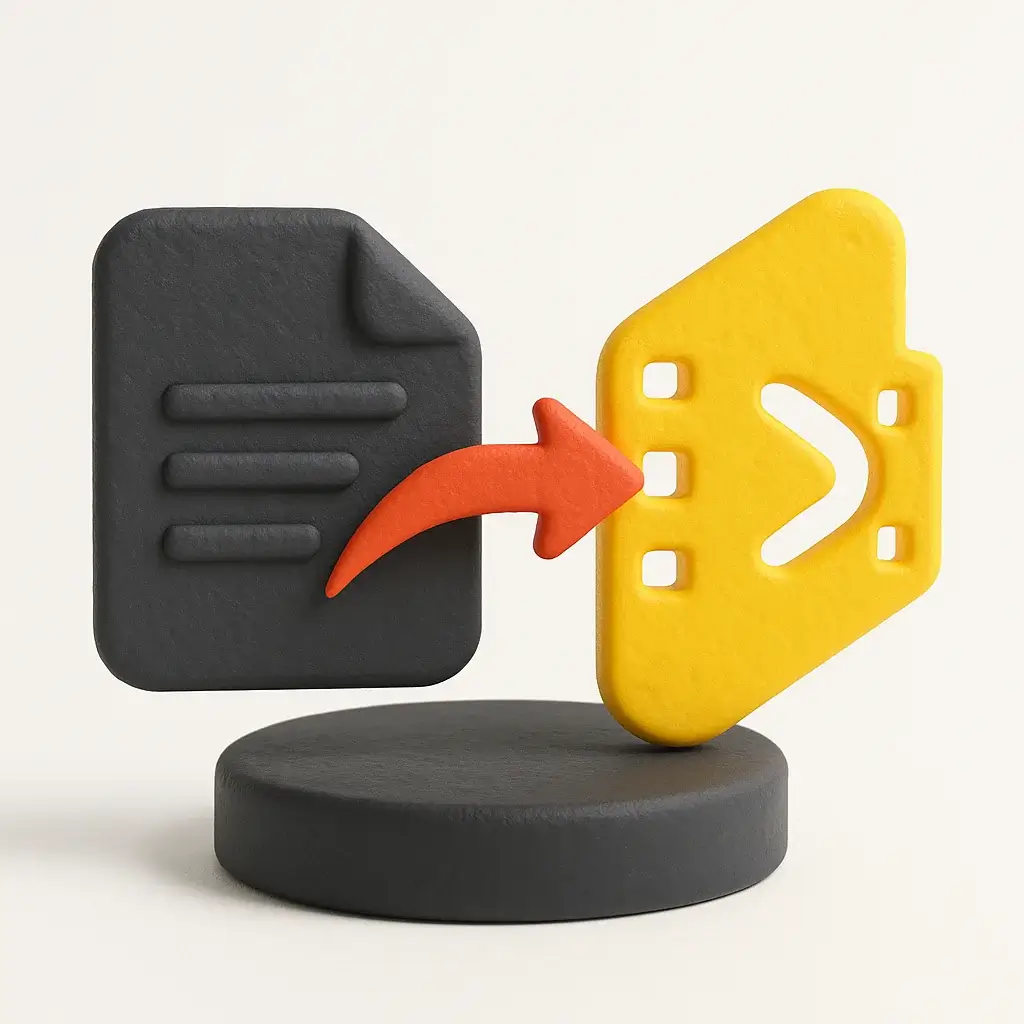 A 3D icon representing Pictory, showing a document transforming into a vertical video via a dynamic arrow, symbolizing its ability to repurpose articles into Shorts.