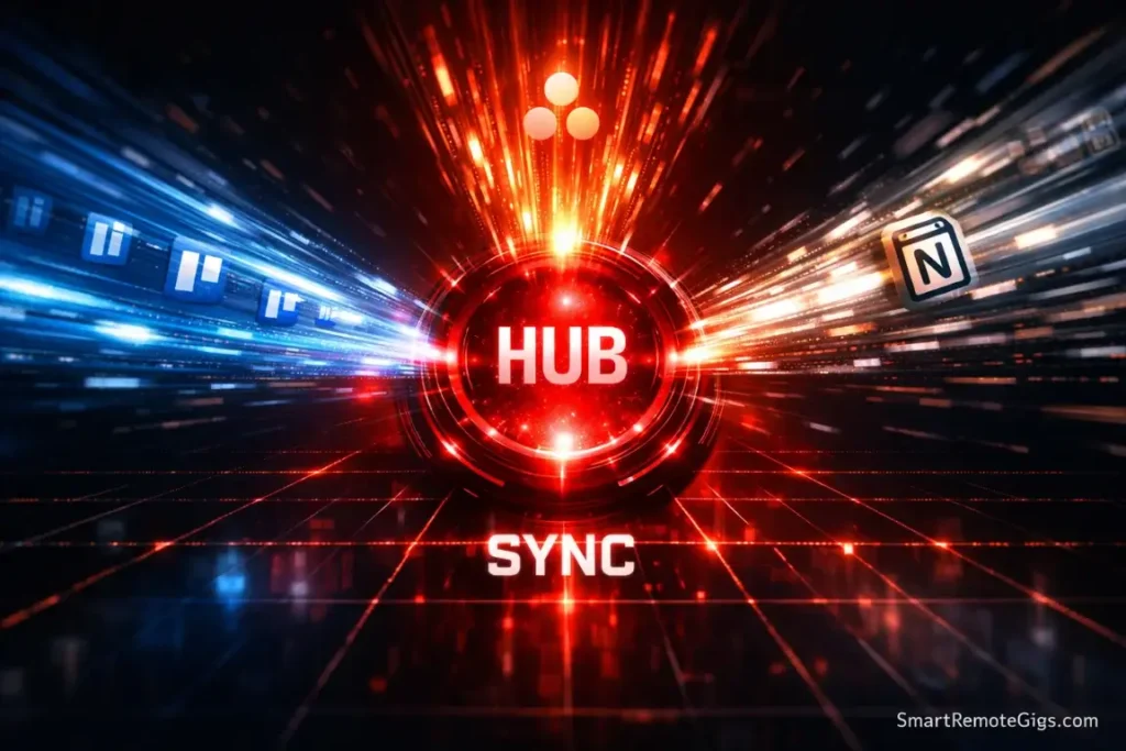 A red central hub pulling in data from multiple apps, representing PomoDone's integration capabilities.