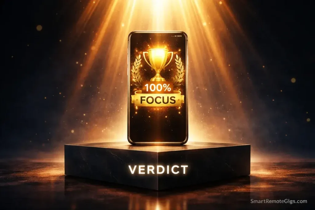 A smartphone on a pedestal with a golden focus trophy, representing the top-ranked Pomodoro app.
