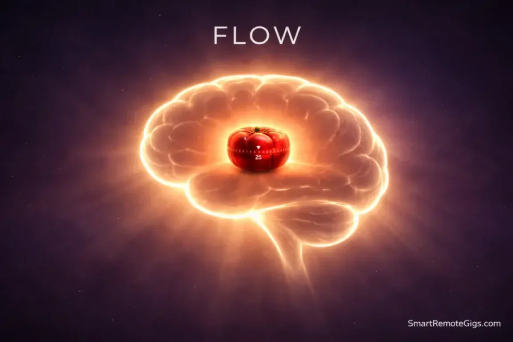 A glowing silhouette of a brain with a calm red timer at its center, representing mental balance and compassion.
