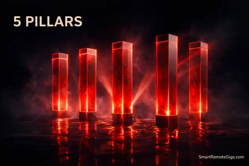 Five glowing glass pillars in a dark room representing the core principles of the Pomodoro Technique.