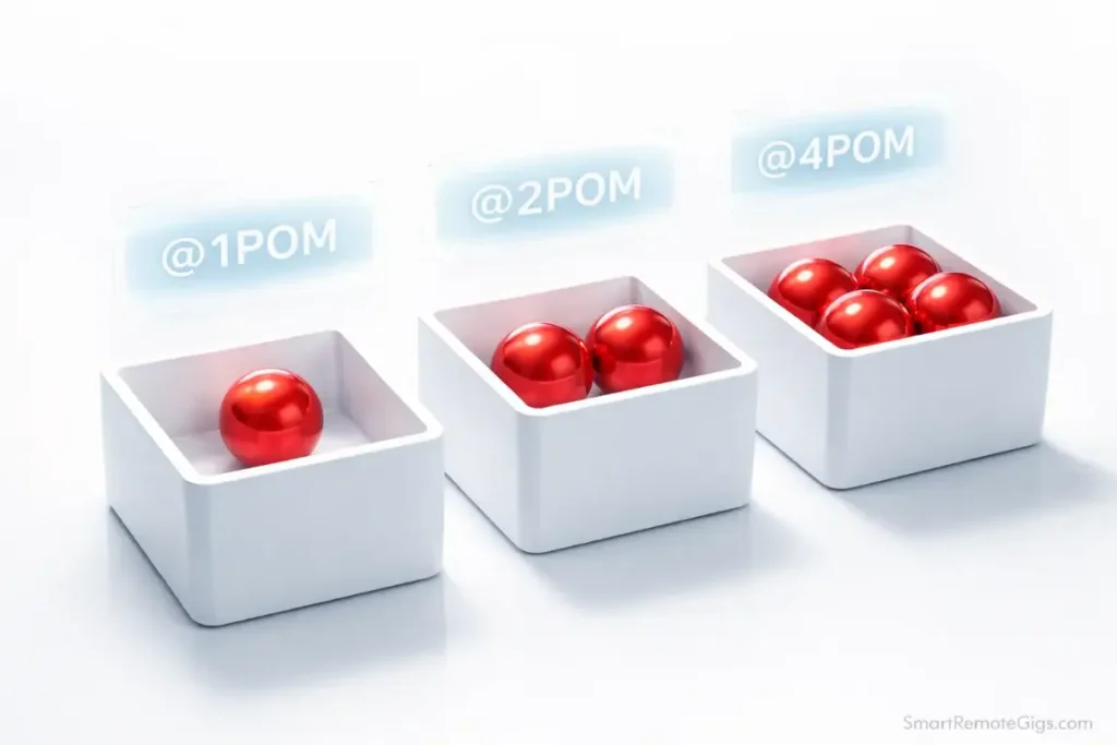 Three containers holding 1, 2, and 4 red spheres, representing task estimation in Pomodoros.