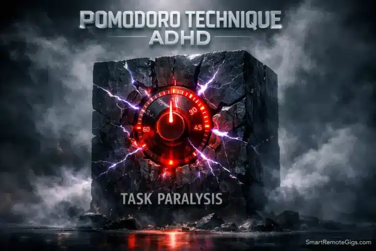 A 3D title showing a glowing Pomodoro timer shattering a block of obsidian stone, symbolizing breaking ADHD paralysis.