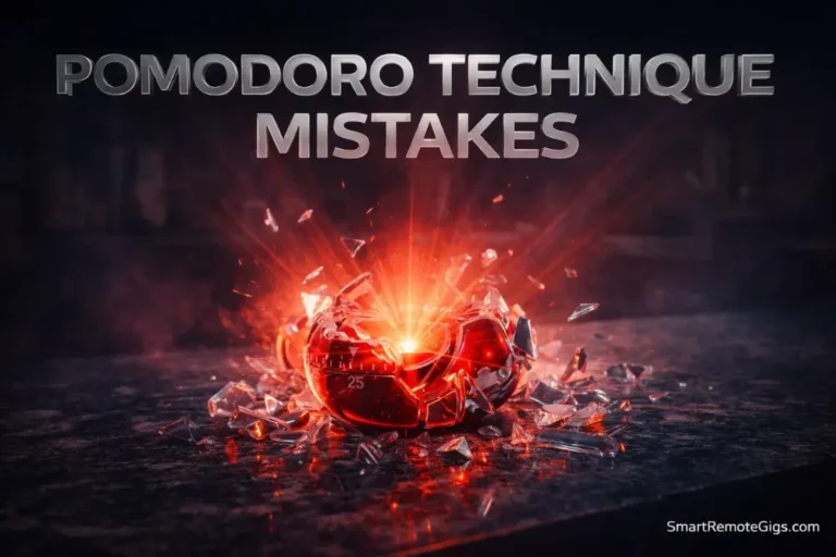 A shattered 3D glass tomato timer on a dark desk representing common productivity mistakes.