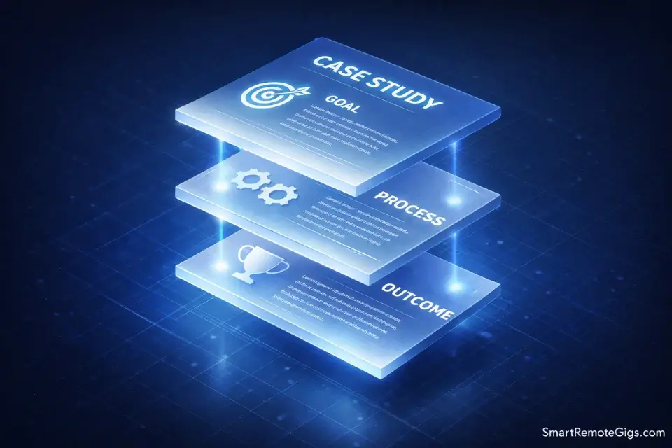 A 3D diagram showing the three layers of a perfect portfolio case study: Goal, Process, and Outcome.