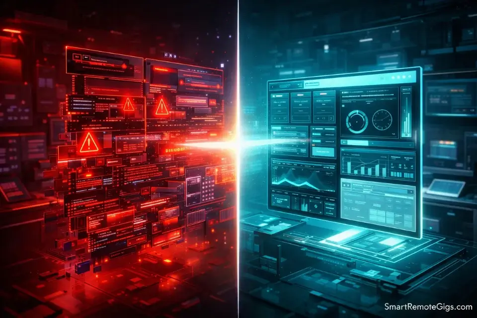 A before-and-after visual comparison showing a chaotic design being transformed into a clean, modern interface.