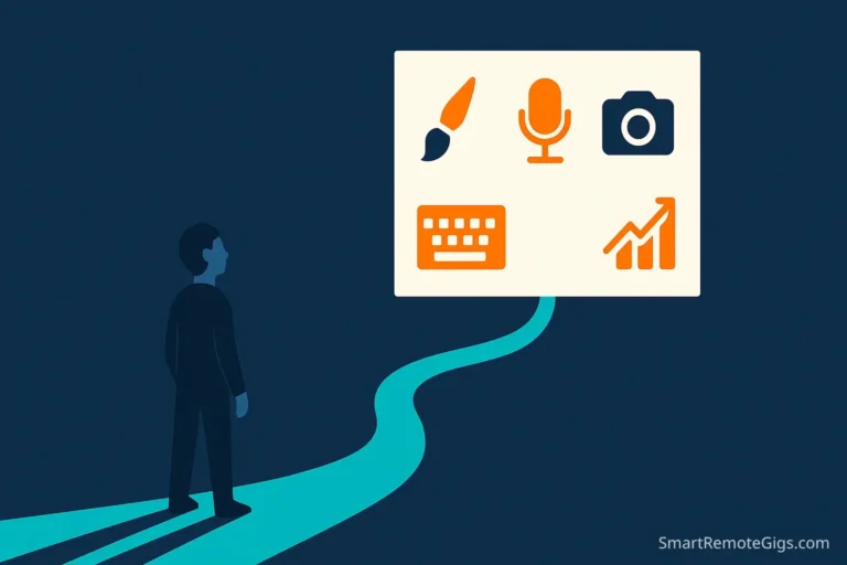 Illustration of a new freelancer exploring various profitable Fiverr gig ideas, including design, writing, and voiceover, to start their career.