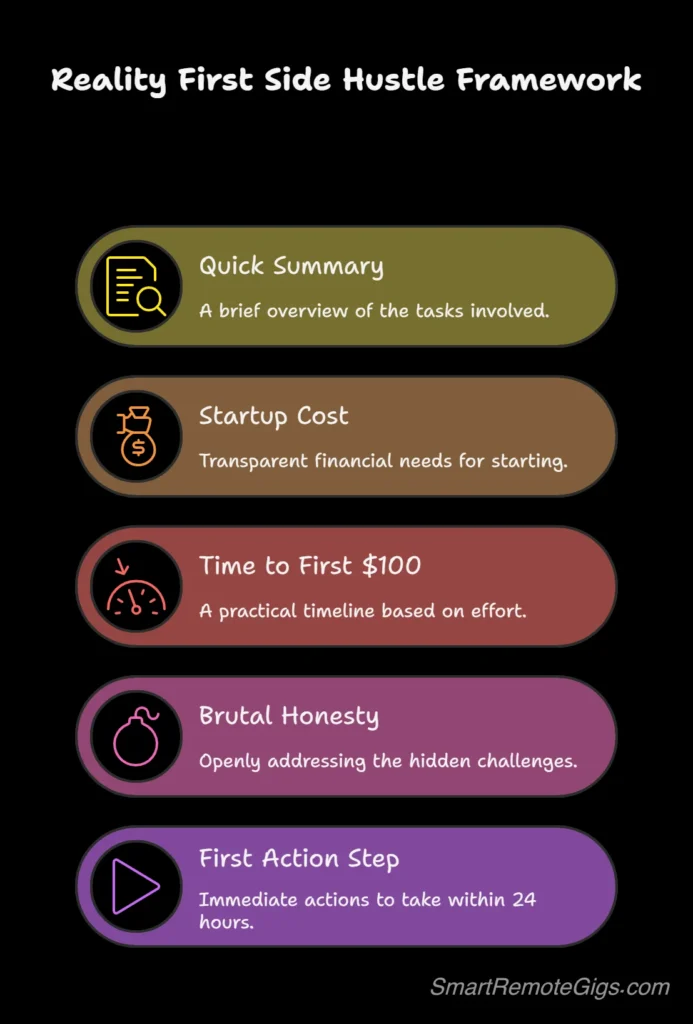 A graphic representing the Reality-First Framework with five icons: a document for Summary, a dollar sign for Startup Cost, a clock for Timeline, a bomb for Brutal Honesty, and a play button for Action Step.